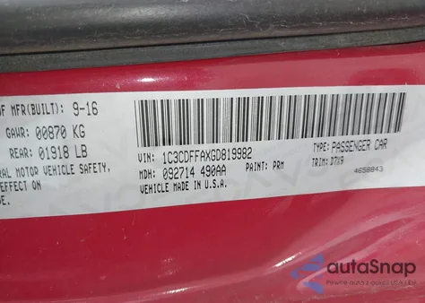 2016 Dodge Dart Sxt Sport z USA, uszkodzony, nr VIN 1C3CDFFAXGD819982